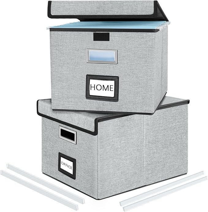 Huolewa Collapsible File Storage Organizer Boxes with Lids, Portable Large Linen Hanging Filing Storage Boxes, Decorative Home/Office Filling System for File and Folder Storage (Grey)-2 Pack