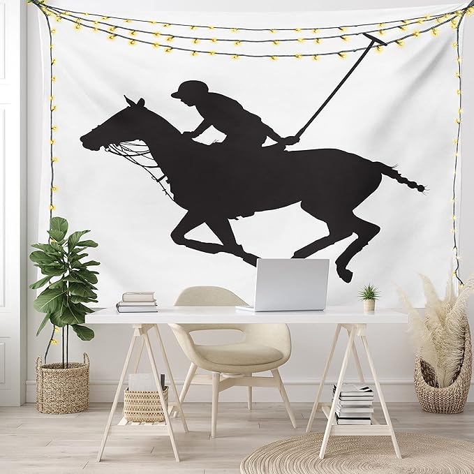 Ambesonne Sports Tapestry King Size, Silhouette Illustration of Polo Player on a Horse Hitting a Ball Print, Wall Hanging Bedspread Bed Cover Wall Decor, King Size, Charcoal Grey