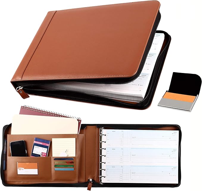 2Fold Zippered Business Checkbook Binder - 7 Ring Binder for Business Checks with Built-in Organizer and Card Case - PU Leather Portfolio for up to 600 3-Up Checks (Light Brown)