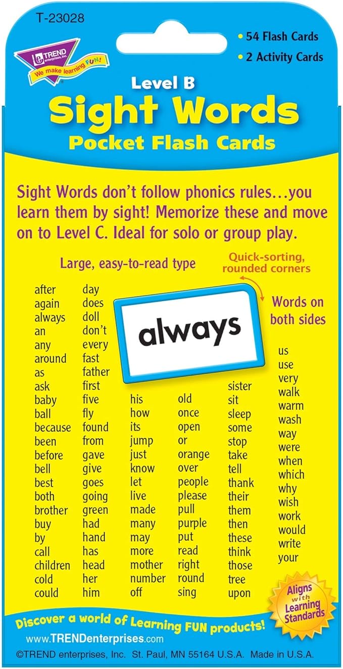 Trend Enterprises: Sight Words Level B Pocket Flash Cards, Great for Skill Building and Test Prep, 56 Two-Sided Cards Included, 108 Commonly-Used Words, for Ages 5 and Up
