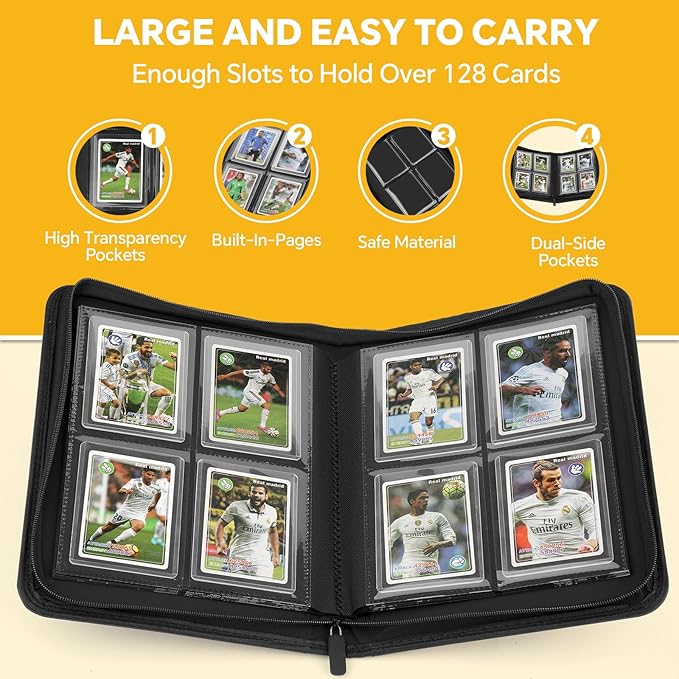 Toploader Binder,Toploader Hard Cases, 4-Pocket Pages Sleeves Hold up 128 Cards.Toploader Card Binder with Sleeves for “3×4” rigid，Card Holder(black)
