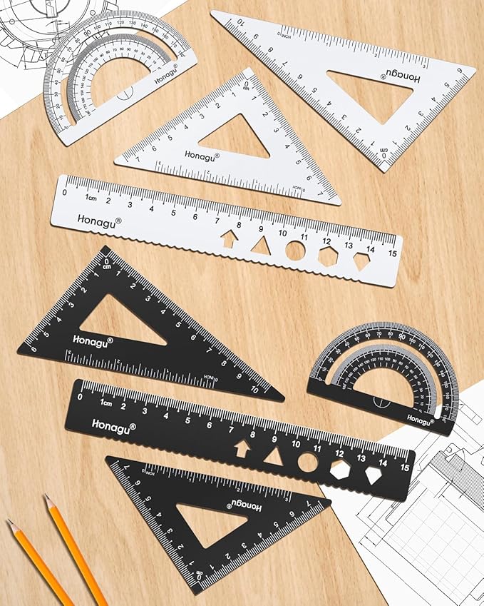 Honagu Triangular Ruler Set, 2 Sets/8 Pieces Aluminum Alloy Ruler, Metal Drafting Ruler, Geometric Protractor for Students, Draftsmen, Engineers, School Office Supplies(15cm/5.9inches, Black+Silver)