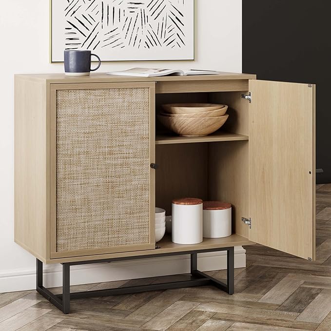 Nathan James Kova Rattan Wood Accent Sideboard Storage Cabinet TV Stand with Matte Metal Frame, Adjustable Shelves and Cane Doors, for Hallway, or Living Room, Light Oak/Cane/Black, Set of 4