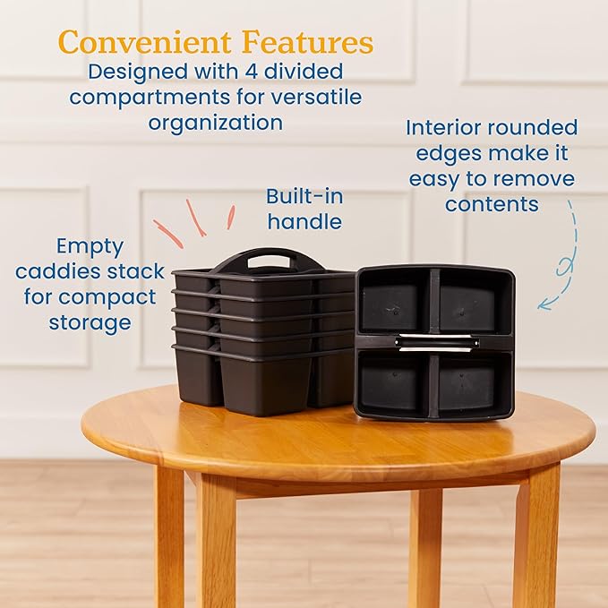 ECR4Kids 4-Compartment Medium Plastic Caddy, Multipurpose Organization, Black, 6-Pack