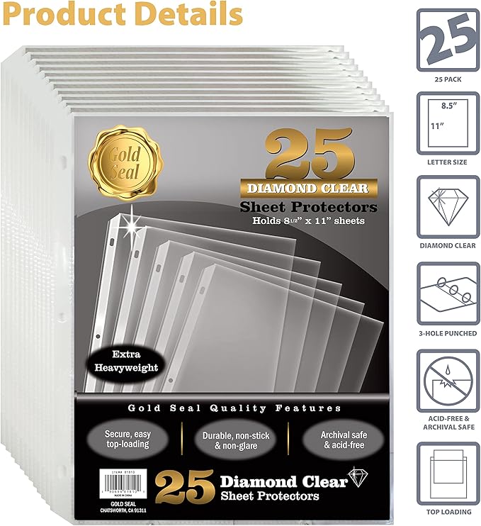 GOLD SEAL 25 Count Diamond Clear Extra Heavyweight Sheet Protectors, 4 mils Strong,8.5 x 11, Top Load, 25 Pack