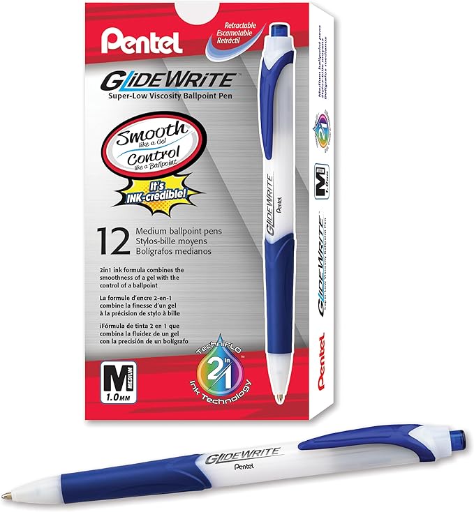 Pentel GlideWrite Ballpoint Pen with TechniFlo Ink, (1.0mm) Medium Line, Blue, Box of 12 (BX910-C)