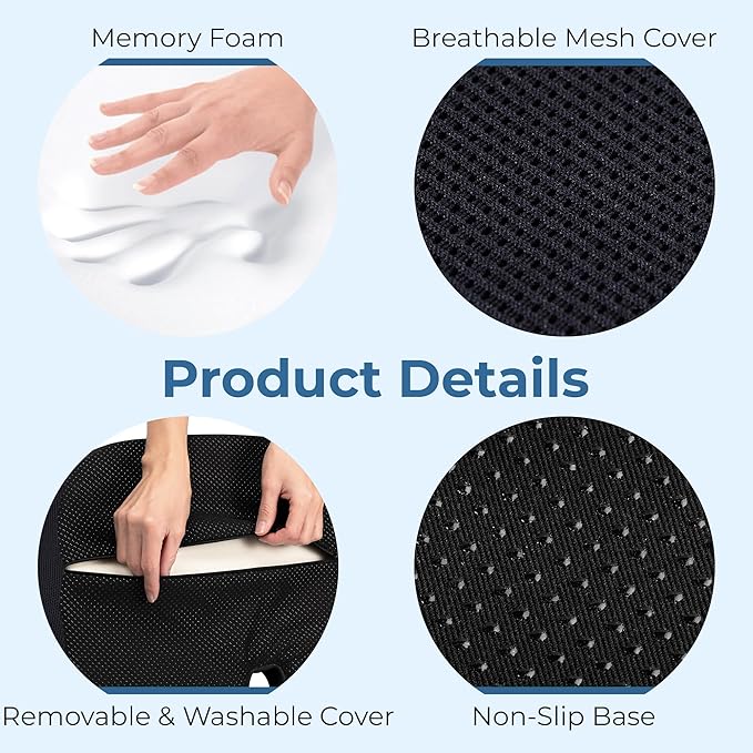 5 STARS UNITED Seat Cushion for Tailbone Pain Relief – Memory Foam Cushion for Coccyx, Hip, Sciatica & Post-Surgery Recovery – Wheelchair, Car, Desk, Gaming & Office Chairs, Black, XX-Large