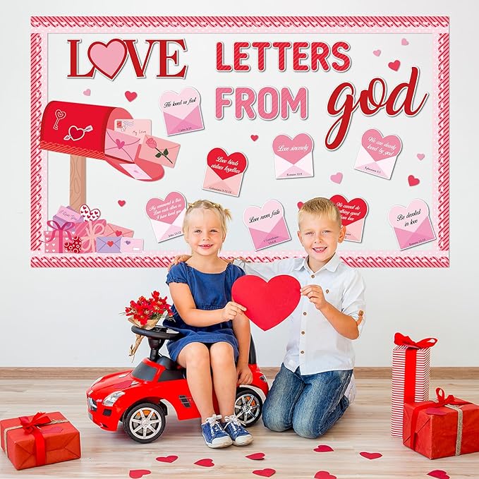 Valentine's Day Christian Bulletin Board Set Valentine's Day Religious Jesus Bible Verse Classroom Decorations Love Letters from God Paper Cutouts for Church School Home Chalkboard Wall Door Decor