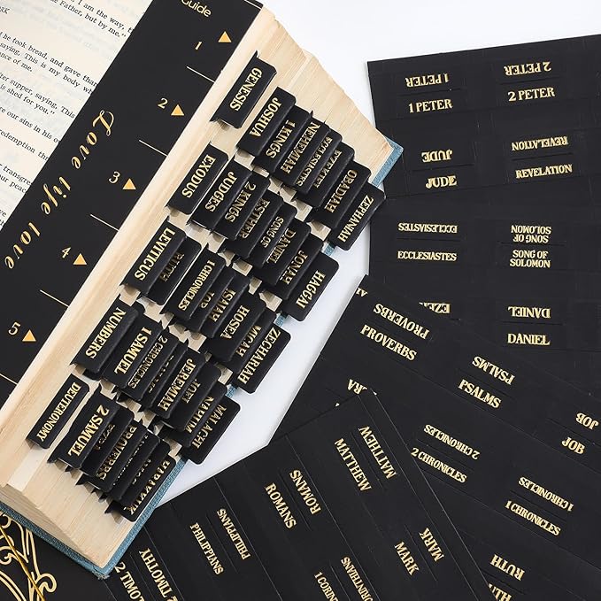 Leather Bible Tabs, Bible Tabs for Women and Men(Gold Foil Lettering) Large Print Stickers, Easy to Read and Apply, 66 Chapters & 14 Blank DIY Labels for Easy Navigation, Christian Accessories(Black)