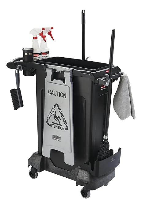 Rubbermaid Commercial Products Slim Jim Rim Caddy Kit + 23-Gallon Container Trash Can/Utility Cart, Black, Janitorial/Housekeeping Cart for Office/School/Hospital/Public Facility