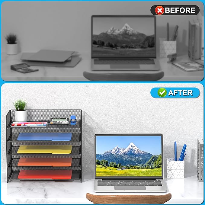 Legal/A4 5 Tier Paper Organizer,Paper Tray Holder for Desk,Letter Size File Holder/Sorter,File Folders Shelf Organizer for Office,School,Home,Solid Steel,Mesh,Sturdy,Leakproof,Large Capacity