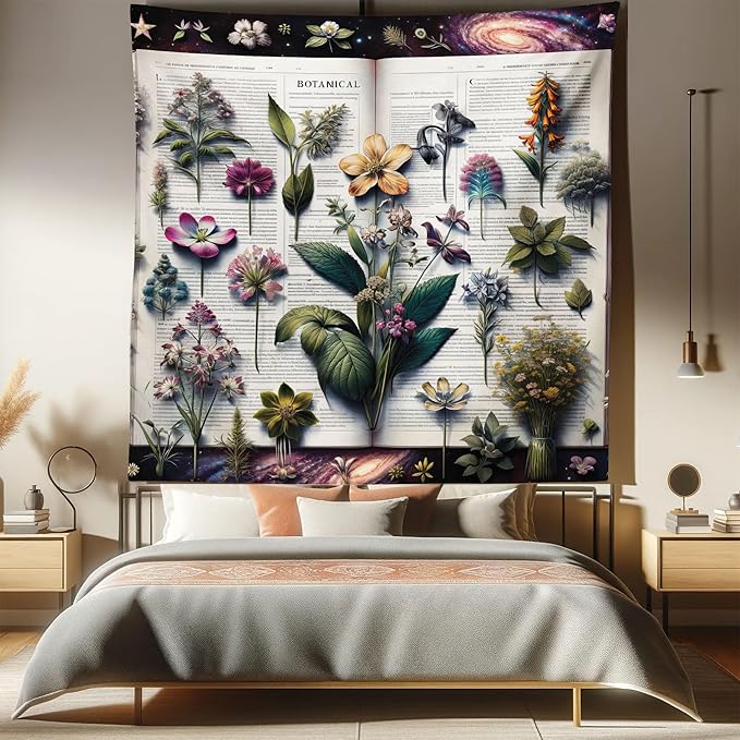 Ambesonne Botanic Tapestry Queen Size, Wildflowers on an Open Vintage Book with Galactic Milky Way Swirls, Wall Hanging Bedspread Bed Cover Wall Decor, 88" X 88", Forest Green and Multicolor