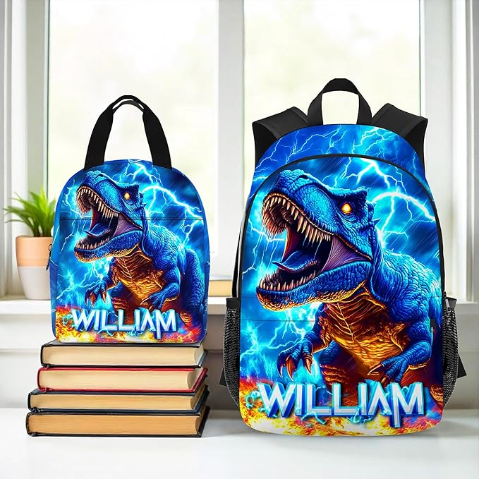 Dinosaur Backpack for Boys Personalized Name Bookbag Back to School Custom Kids Backpacks with Lunch Box for Elementary Middle School Blue