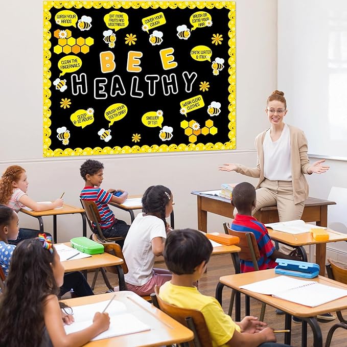 Bee Bulletin Board Decorations Set Spring Beneficial Habits Bulletin Board Bee Healthy Daisy Paper Cutouts for Classroom Back to School Home Office Teacher Chalkboard Wall Door Decor Supplies
