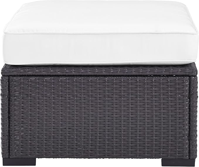 Crosley Furniture Biscayne Wicker Outdoor Ottoman Foot Rest for Patio, Deck, Porch, Brown with White Cushions