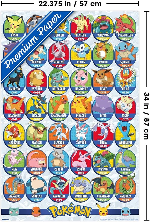 Pokémon: All-Time Favorites - Grid Wall Poster, 34L" x 22.4W", Premium Poster & Clip Bundle