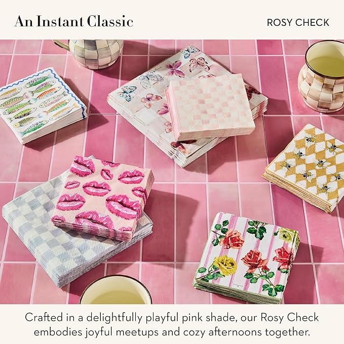 MACKENZIE-CHILDS Dinner Paper Napkins, Stylish Paper Dinner Napkins, Pink-and-White Rosy Check