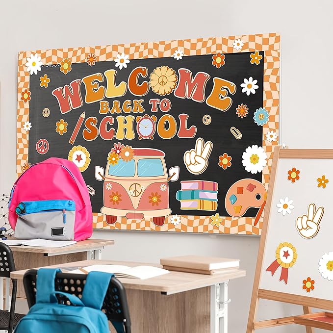 Aneco Retro Boho Welcome Back to School Bulletin Board Decorations Groovy Classroom Decoration Cutouts Motivational Pencil Bus Schoolbag Paper Cutouts for Kindergarten Preschool Wall Door Decor