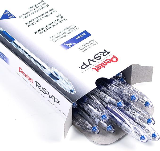Pentel RSVP Ballpoint Pen, (0.7mm) Fine Line, Blue Ink, Box of 12 (BK90-C)