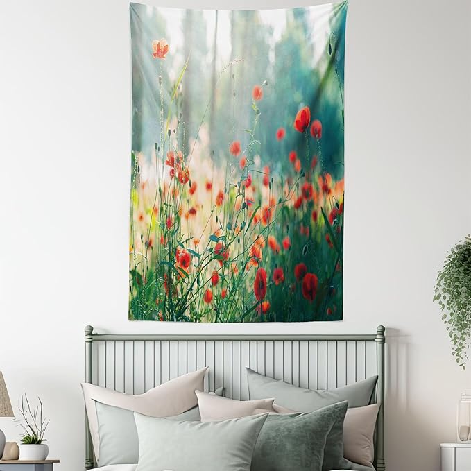 Ambesonne Nature Tapestry, Wild Red Poppy Flowers Field Summertime Sunbeams Gardening Bedding Plants, Fabric Wall Hanging Decor for Bedroom Living Room Dorm, 30" X 45", Red Green Yellow