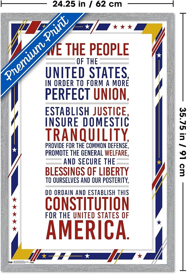 The United States Of America - Constitution Preamble Wall Poster, 34L" x 22.4W", Gray Framed Version