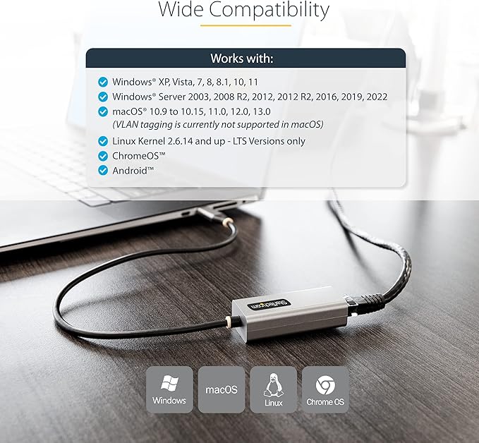 USB-C to Ethernet Adapter, 10/100/1000 Mbps, Gigabit Network Adapter, ASIX AX88179A, 1ft/30cm Cable, Windows/macOS/Linux