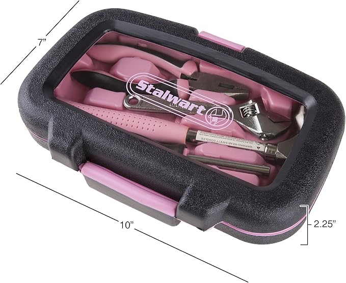 15-Piece Household Hand Tool Set with Carry Case – Tool Kit with Screwdrivers, Pliers, and Wrenches – Great for Home or Car by Stalwart (Pink)