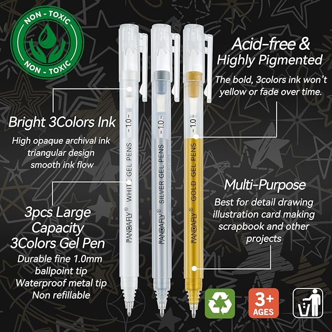 PANDAFLY Gold Silver White Gel Pens, 1mm Fine Point Opaque Archival Ink Pen for Journaling, Art, or Drawing - For Artist Gifts, Holiday Gifts & DIY Projects, 3 Pack