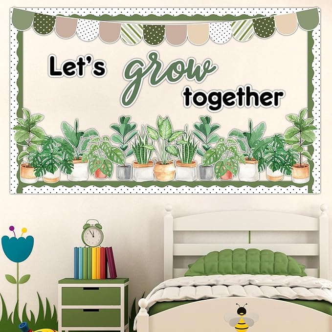 Spring Greenery Classroom Bulletin Board Decorations Potted Plant Bulletin Board Set Motivational Let’s Grow Green Leaves Cutouts for Wall Decor Elementary Back to School Teacher Supplies