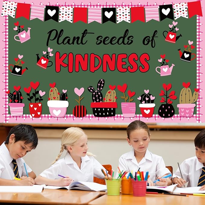 Valentine's Day Bulletin Board Set Plant Kindness Valentines Classroom Decorations Positive Motivational Potted Plant Love Heart Paper Cutouts for Party School Home Chalkboard Wall Decor Supplies