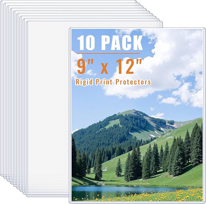 AKONEGE 10PCS 9" x 12" Rigid Print Protectors Clear Plastic Sheet Protectors, Heavy Duty Top Loading Document Holder, Menu Cover, Photo Poster Sleeves Hard Plastic Sleeves for Paper Art Prints
