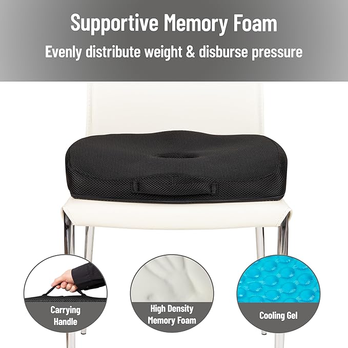 Mind Reader Gel Memory Foam Seat Cushion with Tailbone Cutout, Air-Cloud Technology, Ergonomic Support for Office Chair, Car, Sciatica, Coccyx & Hip Pain Relief, Black