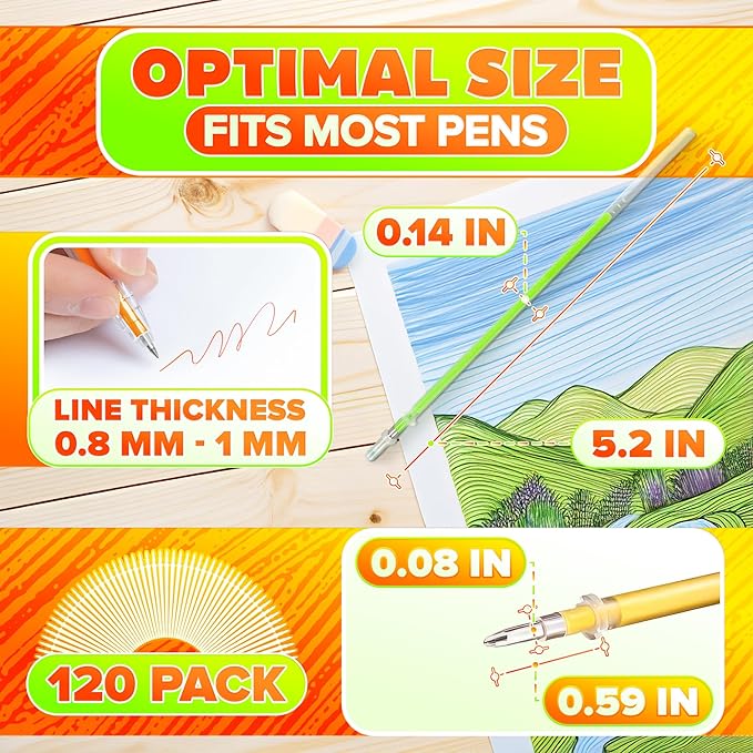 120 Pcs Glitter Gel Pen Refills for Adult Coloring - Colored Gel Pens Refills, 0.8-1.0 mm Thick Line, Good for Coloring, DIY, Scrapbook, Card & Decor - Pastel, Metal, Neon & Glitter Colors
