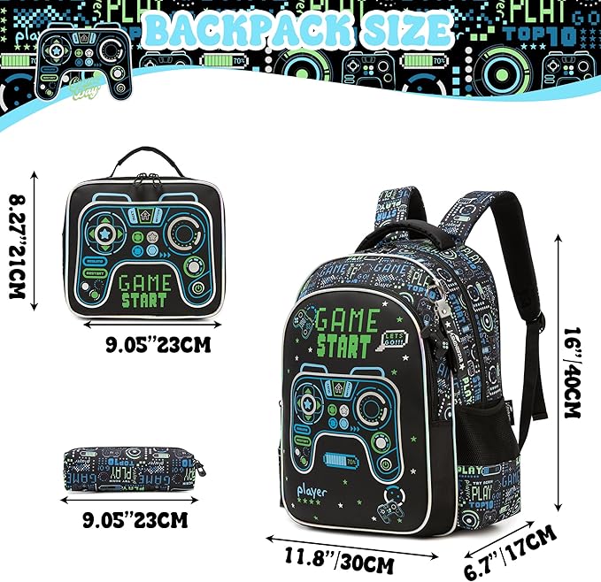 Game School Backpack for Boys Backpacks Ages 8-10 with Lunch Box Set Black Bookbag for Boys Backpack for Kids Backpacks Lightweight Elementary Back to School Supplies Kit