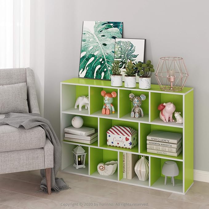 Furinno LUDER Book Shelf, 11-Cube Bookshelf, Reversible Bookcase, 9.4 x 29.1 x 41.7, for Living Room, Bedroom, Home Office, White/Green