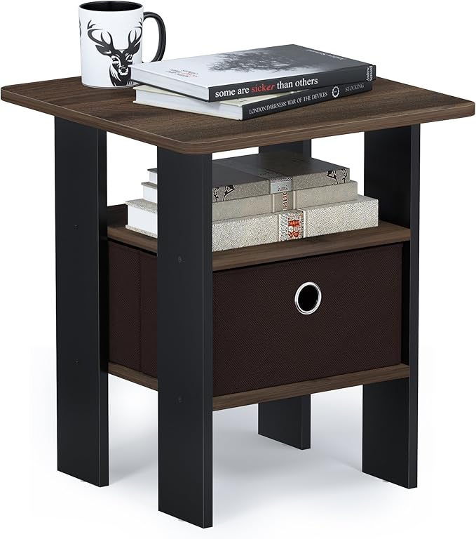 Furinno Andrey Set of 2 End Table / Side Table / Night Stand / Bedside Table with Bin Drawer, Columbia Walnut/Dark Brown