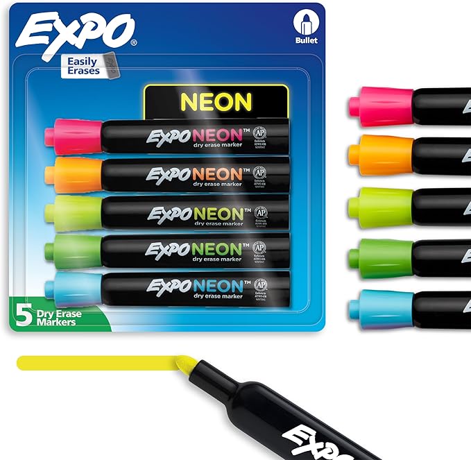 Expo Neon Dry Erase Markers Bullet Tip Assorted Colors 5 Count