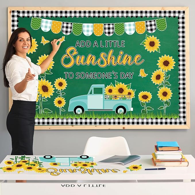ZOIIWA Spring Sunflower Bulletin Board Decorations Summer Sunflower Truck Classroom Bulletin Board Black Plaid Borders Yellow Sunflower Cutouts Back to School Teacher Supplies School Office Wall Decor