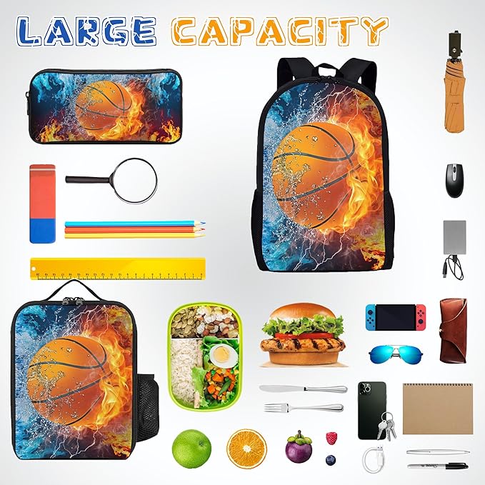 3PCS Basketball Backpack Set for Boys, Lightweight Large Backpack with Lunch Box & Pencil Case, Cool Sport Bookbag for Kids, Back to School Backpacks for Elementary & Middle School - 02