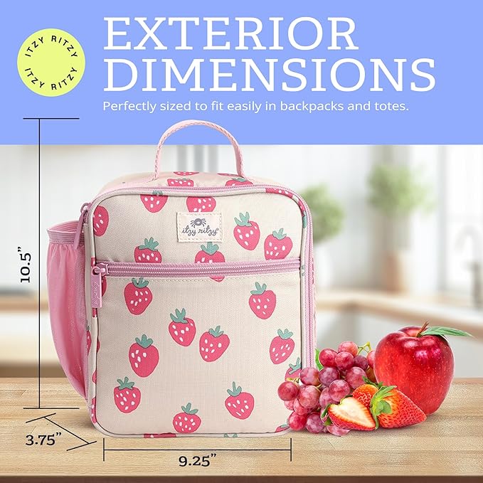 Itzy Ritzy Toddler Lunch Box - Kids Lunch Bag is Insulated and Includes Water Bottle Holder Plus 2 Pockets - Durable, Easy to Clean Toddler Bag (Strawberry)