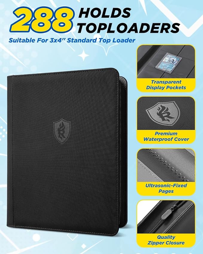 9 Pocket Toploader Binder with Zipper – Holds 288 Top Loaders – Premium Double-Sided Card Album for Trading Cards, TCG, MTG, Sports Cards