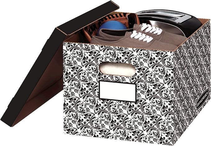 Bankers Box 10 Pack STOR/FILE Decorative Medium-Duty File Storage Boxes, FastFold, Lift-Off Lid, Letter/Legal, Black/White Brocade