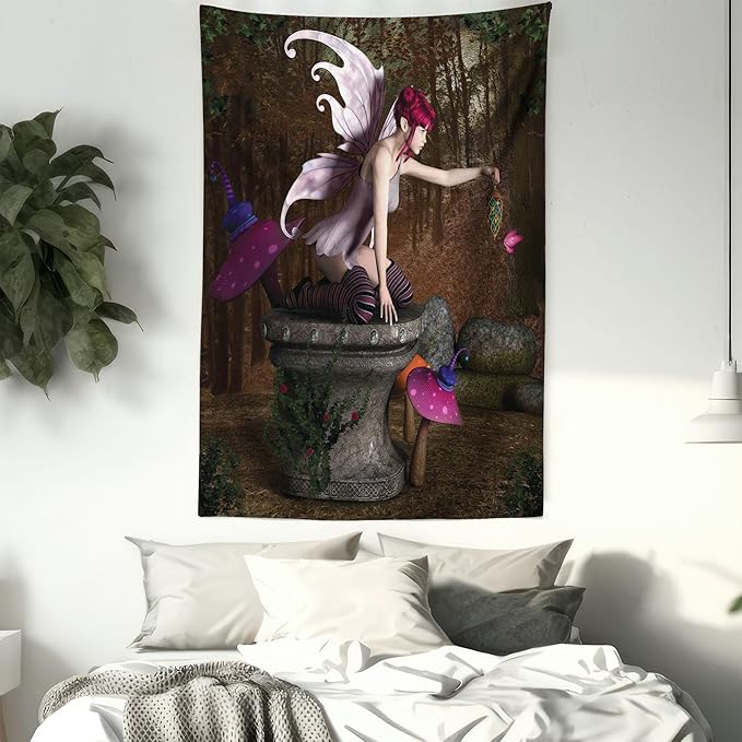 Ambesonne Tale Tapestry Twin Size, Dimensional Mythical Creature Design Artifact on Pedestal Forest Print, Wall Hanging Bedspread Bed Cover Wall Decor, 68" X 88", Red Purple Grey