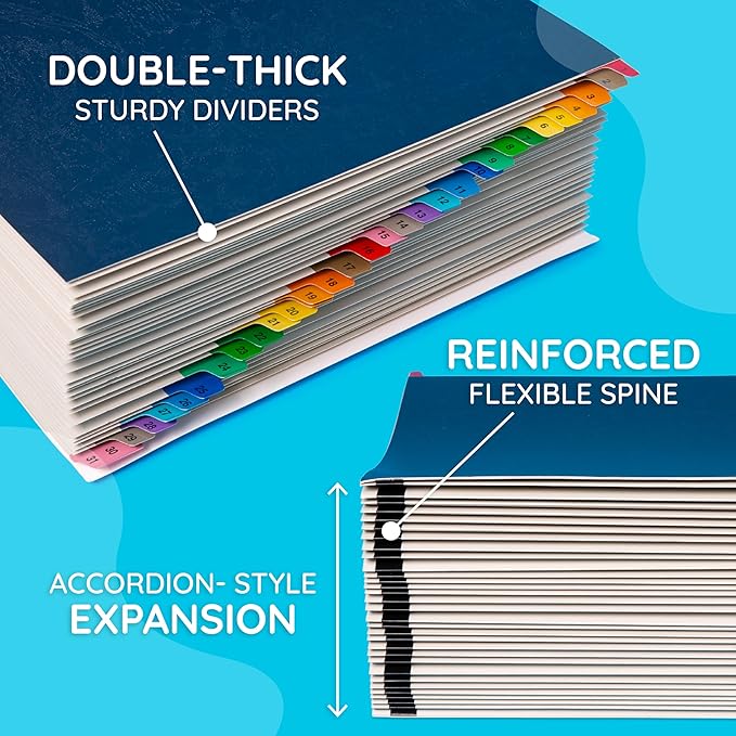 Blue Summit Expanding 1-31 Desk File Sorter, 31 Day Accordion File Organizer, Letter Size Document Sorter and Tickler Folder, Blue