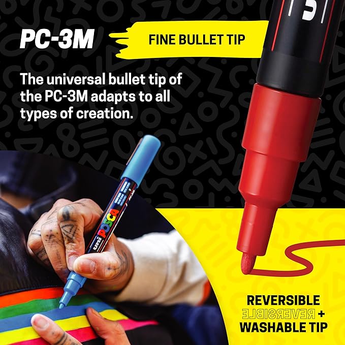 posca Paint Markers, 3M Fine Point Acrylic Paint Pens with Reversible Tips, Art Supplies For Gifts, Decorations, Fabric, Metal, Glass, Wood and Canvas, Set of 24