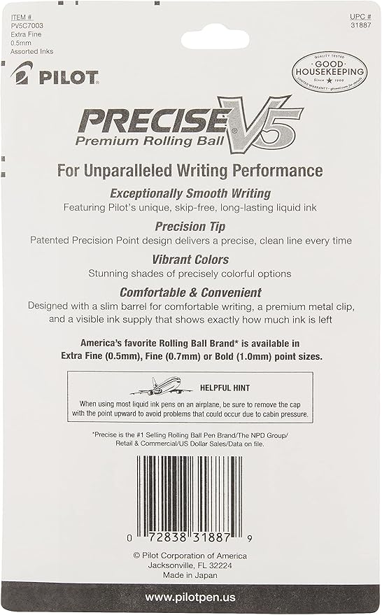 Pilot Precise V5 Capped Liquid Ink Rollerball Pens, Extra Fine Point Ink Pens 0.5 mm, Colored Pens, Assorted Colors, Pack of 7 - Ideal for School, Journaling, & Office Writing