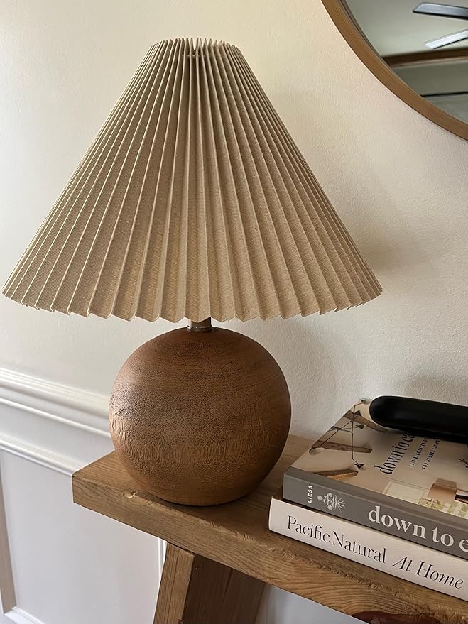 JONATHAN Y 17.25" Brown Wood Finish Sphere Table Lamp, Mid-Century Bedside Nightstand with Beige Pleated Linen Shade, Scandinavian Coastal Style, LED Bulb Included JYL1145A