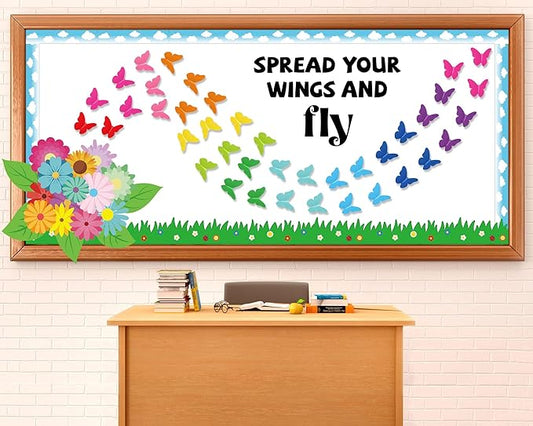 Spring Butterfly Flower Bulletin Board Set Spread Your Wings and Fly Classroom Bulletin Board Decors Colorful 3D Butterflies Name Tags for Back to School Office Home Chalkboard Wall Door Supplies