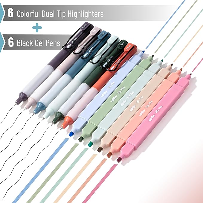 Mr. Pen- Dual Tip Aesthetic Highlighters and Gel Pens, 12 Pack, Assorted Colors, No Bleed, Black Ink, Cute Pens for Bibles