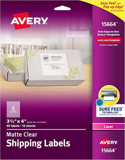 Avery Matte Clear Shipping Labels, Sure Feed Technology, Laser, 3-1/3" x 4", 60 Labels, 5 Packs (15664)